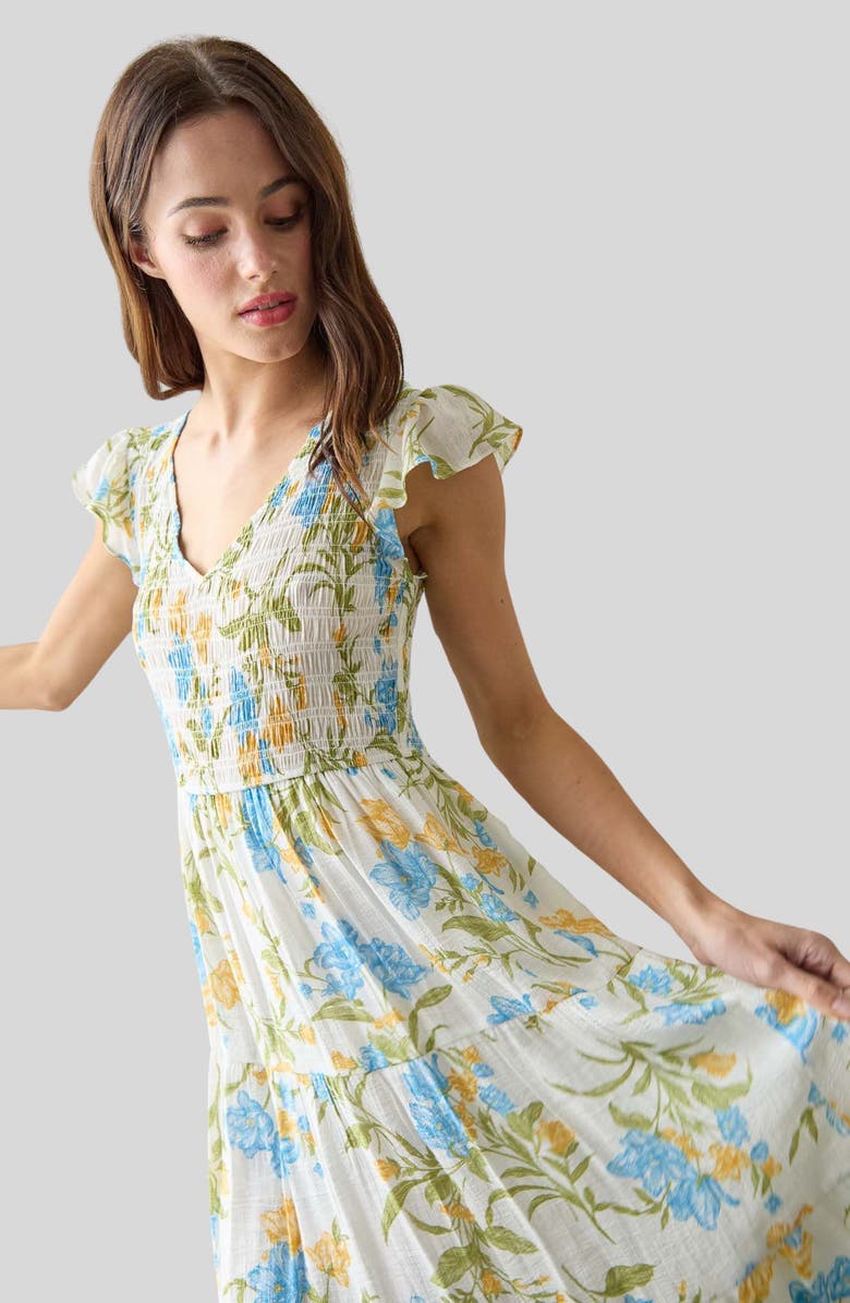 Blu Pepper WATERCOLOR FLORAL SPAGHETTI TIE STRAP MIDI DRESS