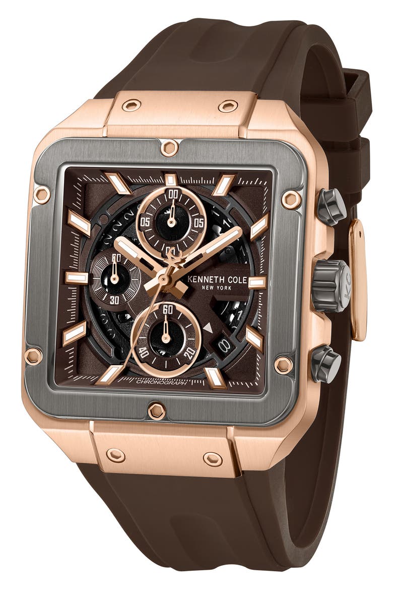 Arlington Automatic Chronograph Silicone Strap Watch, 43mm, Alternate, color, DARK BROWN