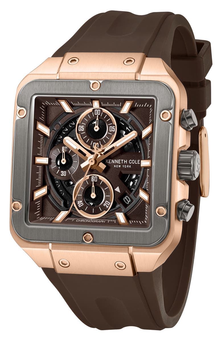 Kenneth Cole New York Arlington Automatic Chronograph Silicone Strap Watch, 43mm, Alternate, color, Dark Brown