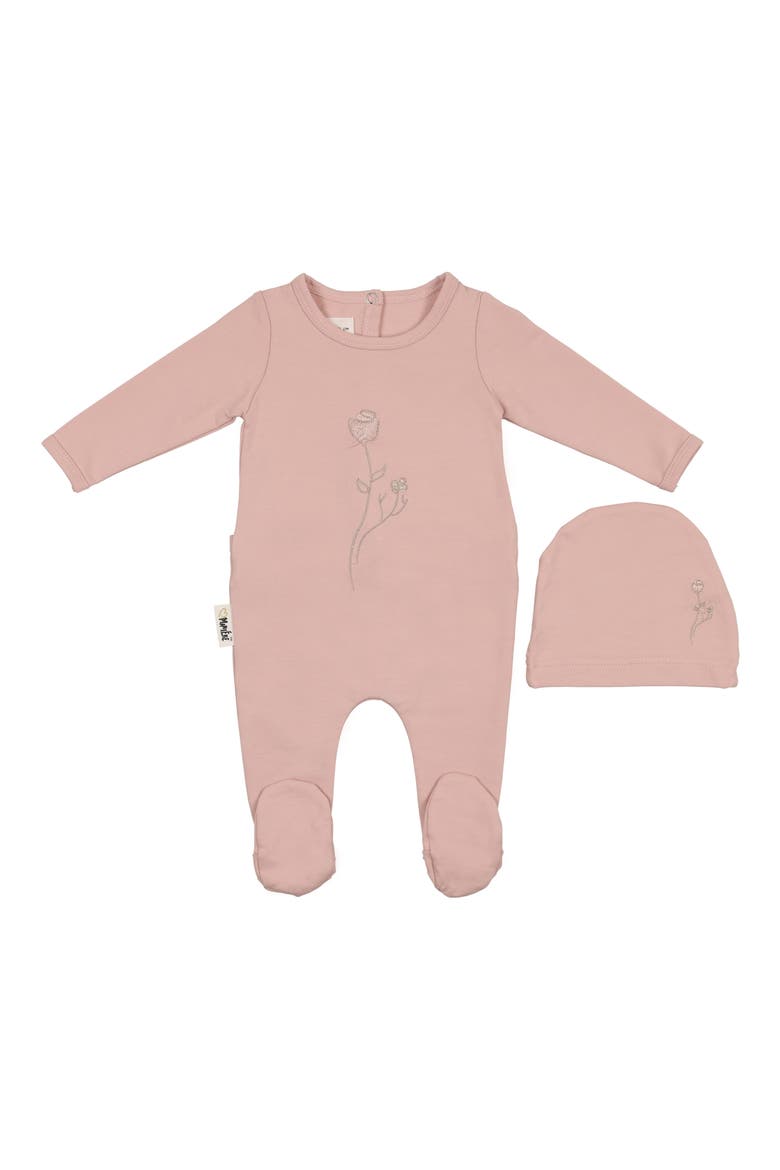 Embroidered Rose Footie & Hat Set, Main, color, MAUVE