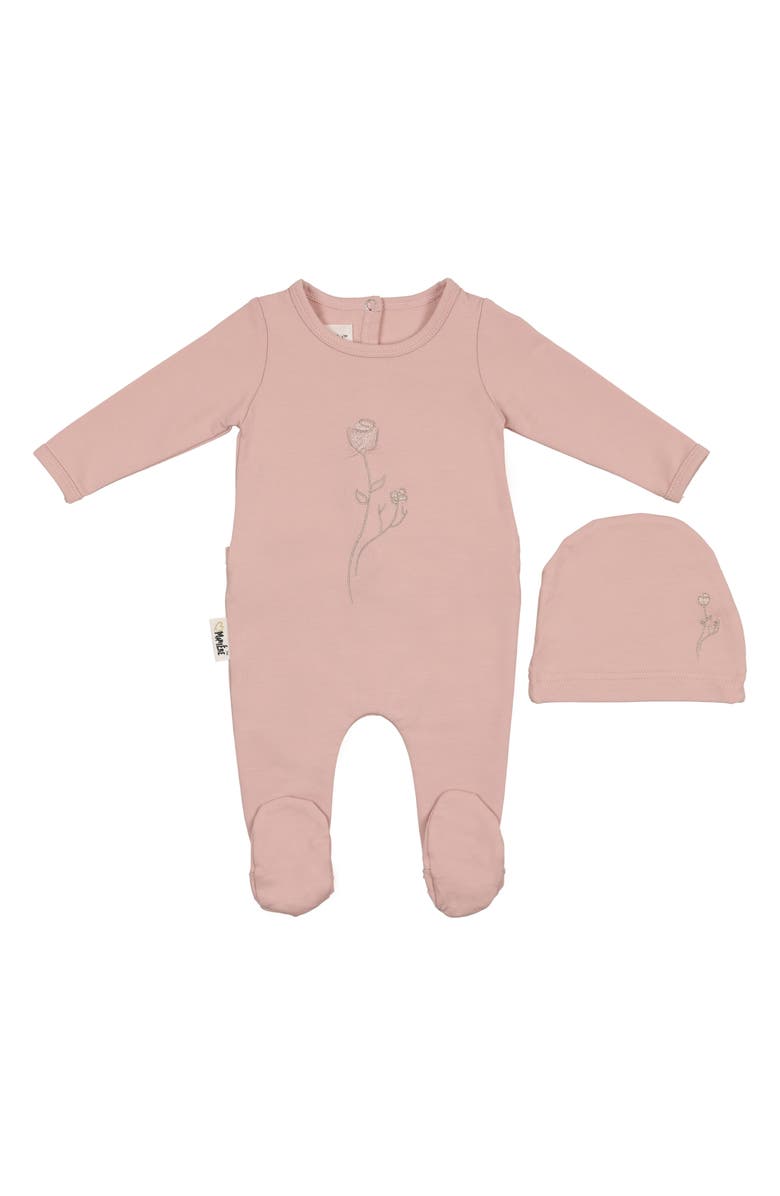 Manière Embroidered Rose Footie & Hat Set, Main, color, Mauve