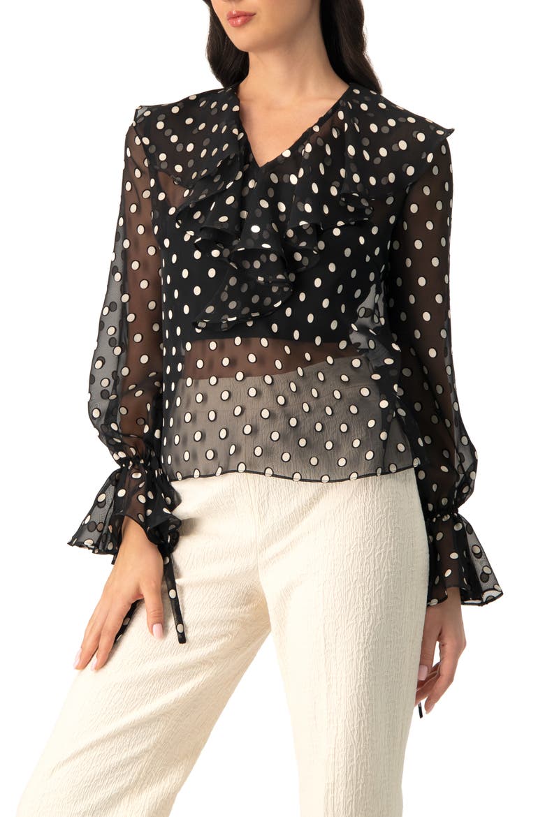See-Through Polka Dot V-Neck Blouse, Main, color, Black
