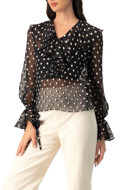 See-Through Polka Dot V-Neck Blouse