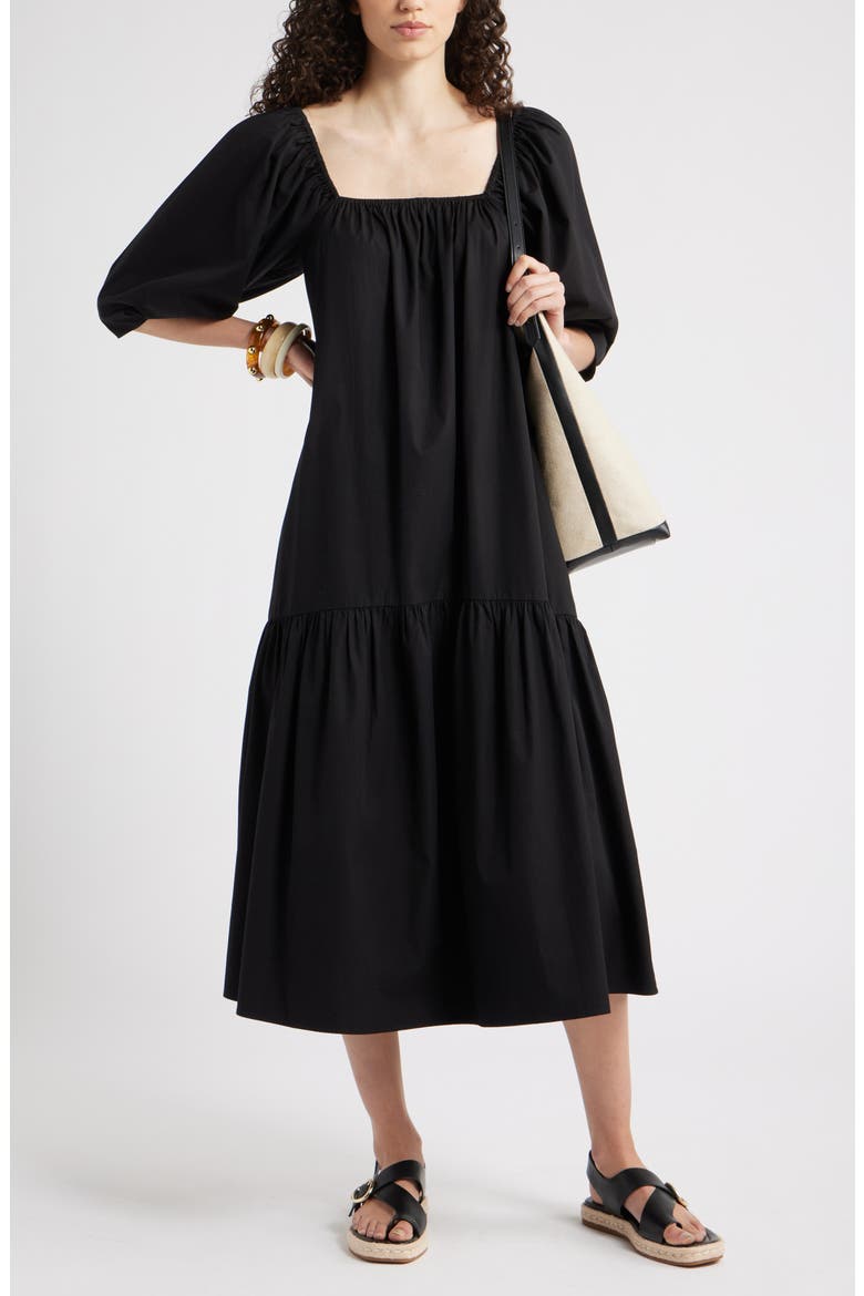 Square Neck Puff Sleeve Cotton Midi Dress, Alternate, color, BLACK