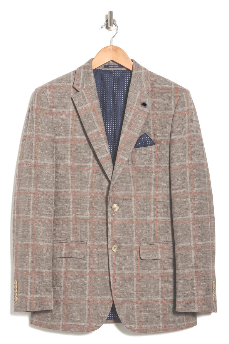 Plaid Stretch Cotton and Linen Blazer, Alternate, color, SAND