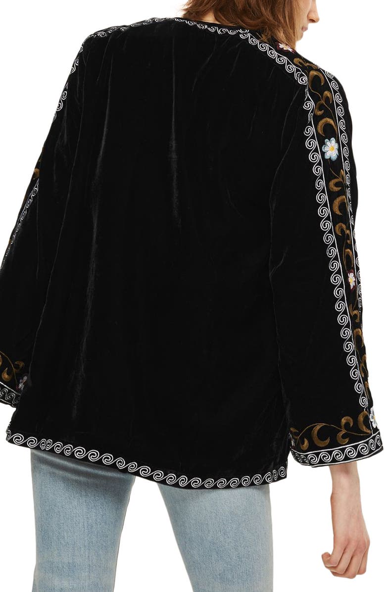 Topshop Embroidered Velvet Short Kimono, Alternate, color,
