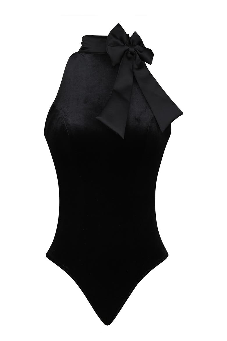 Blair Bow Satin & Velvet Bodysuit, Alternate, color, BLACK
