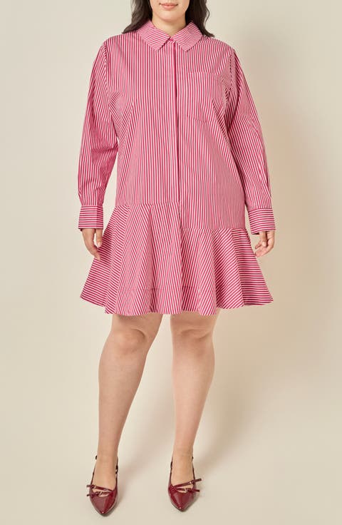 Striped Long Sleeve Flared Skirt Shirtdress