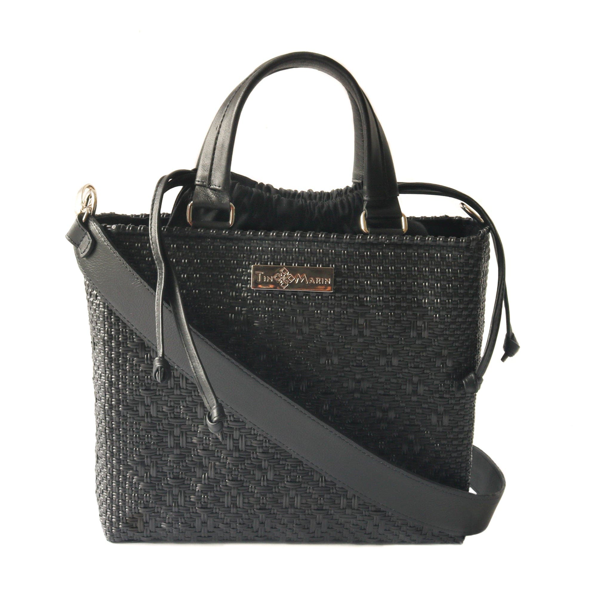 Tin Marin All Black Medium Woven Crossbody Drawstring Bag, Main, color, Black Handle