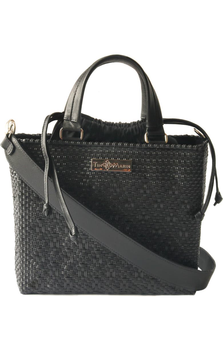 Tin Marin All Black Medium Woven Crossbody Drawstring Bag, Main, color, Black Handle