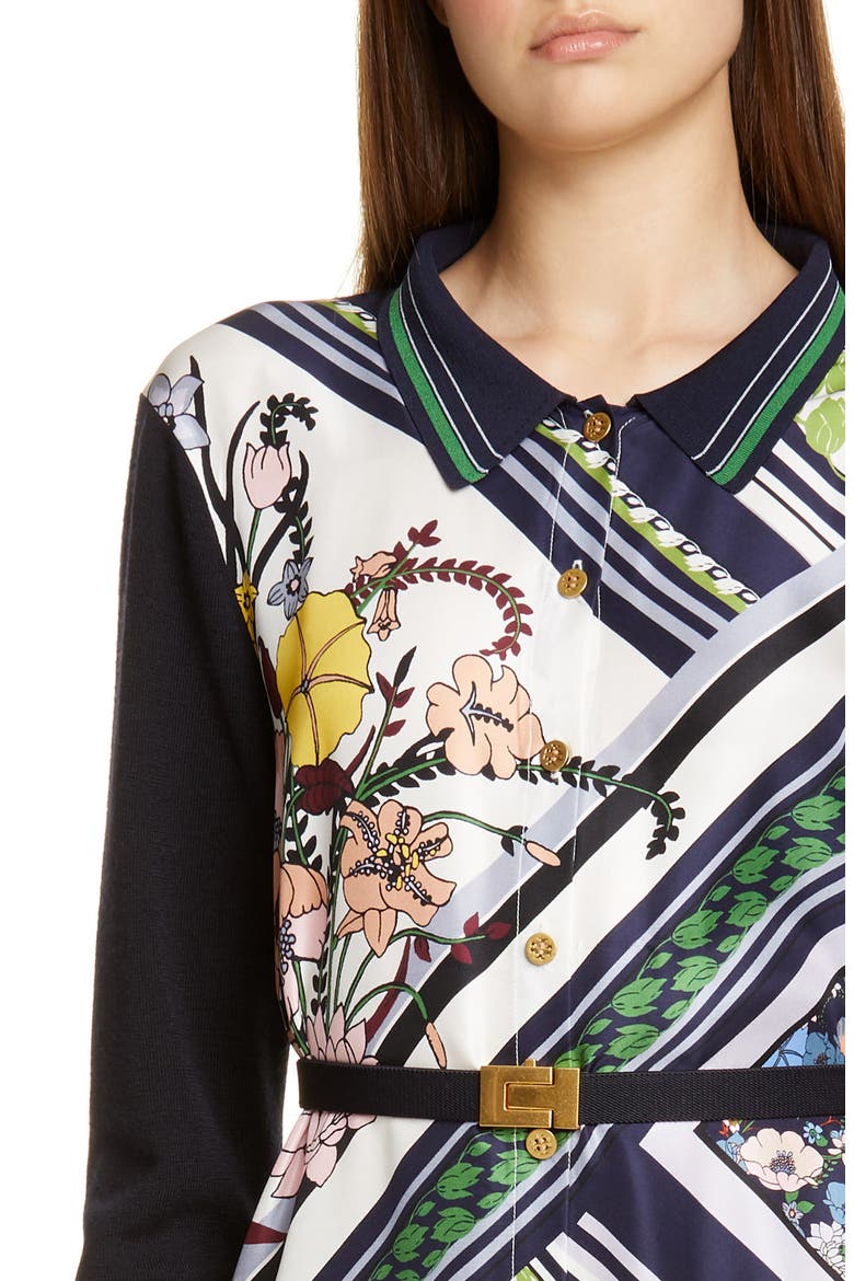 Silk Front Long Sleeve Shirtdress, Alternate, color, NAVY/ HOMAGE TO THE FLOWER