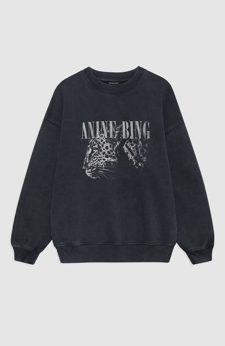 ANINE BING Spencer Leopard Sweatshirt, Alternate, color, Washed Black