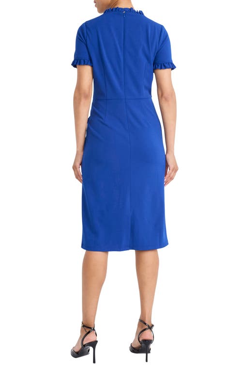 Maggy London Ruffle Short Sleeve Pocket Sheath Dress In Blue