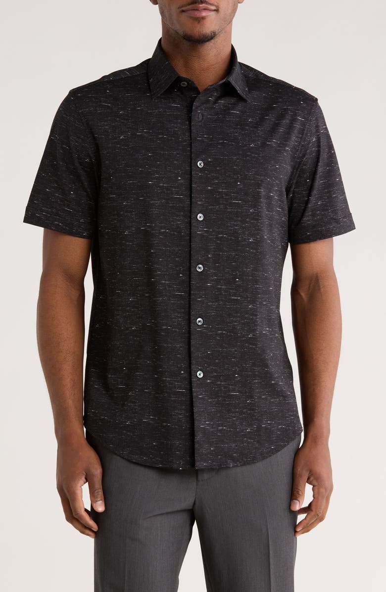 Bugatchi Miles OoohCotton<sup>®</sup> Solid Short Sleeve Button-Up Shirt, Main, color, Black