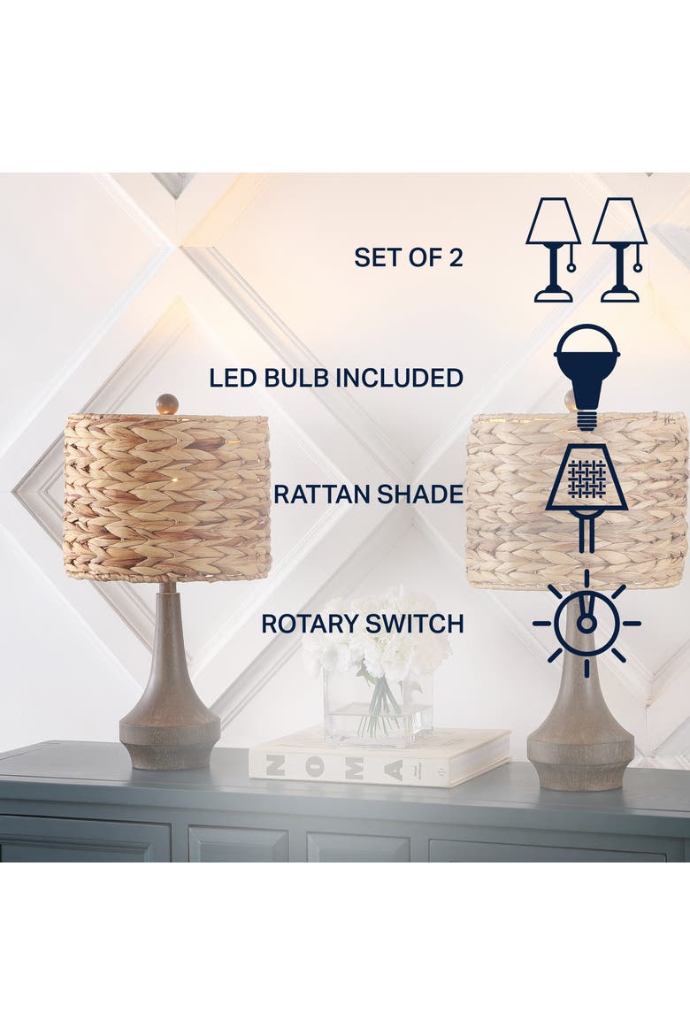 Theodore 21" Rustic Farmhouse Handwoven Water Hyacinth/Resin LED Table Lamp, Brown Wood Finish, Alternate, color, Brown Wood Finish