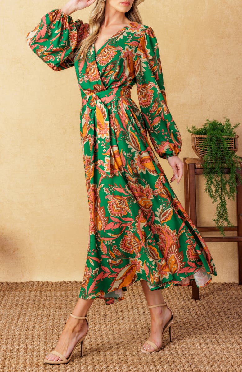 FLYING TOMATO Long Sleeve Belted Midi Dress, Alternate, color, Green