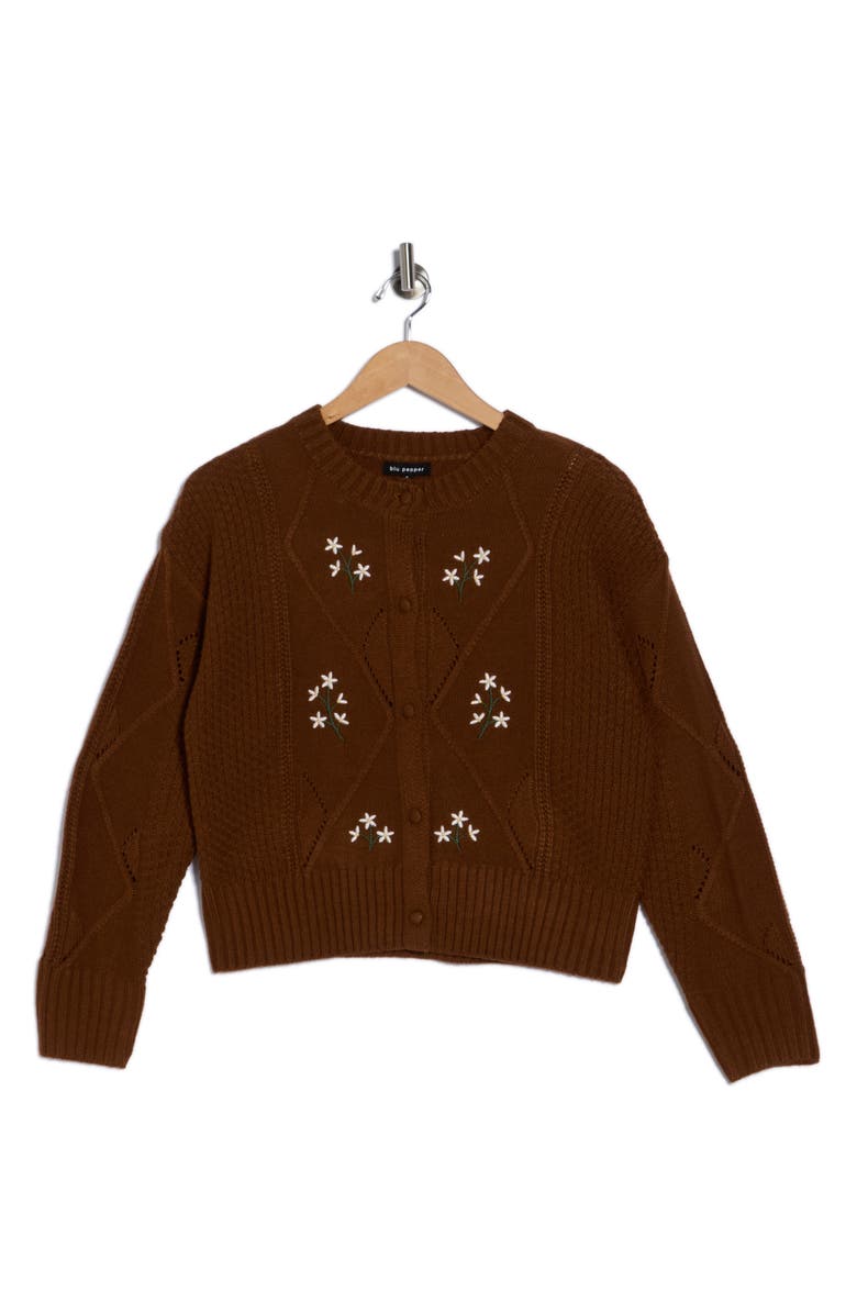 Blu Pepper Floral Knit Cardigan, Alternate, color, Brown