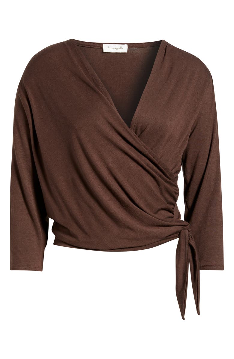 Loveappella Faux Tie Wrap Top, Alternate, color, Brown