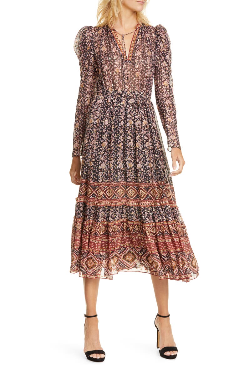 Ulla Johnson Alessandra Jacquard Dot Long Sleeve Silk Blend Midi Dress, Main, color,