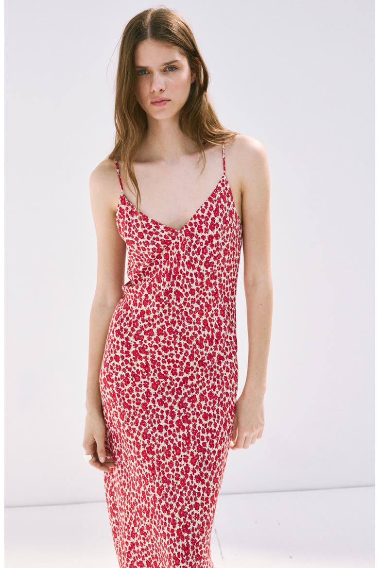 Printed V-Neck Slipdress, Alternate, color, RED/ECRU