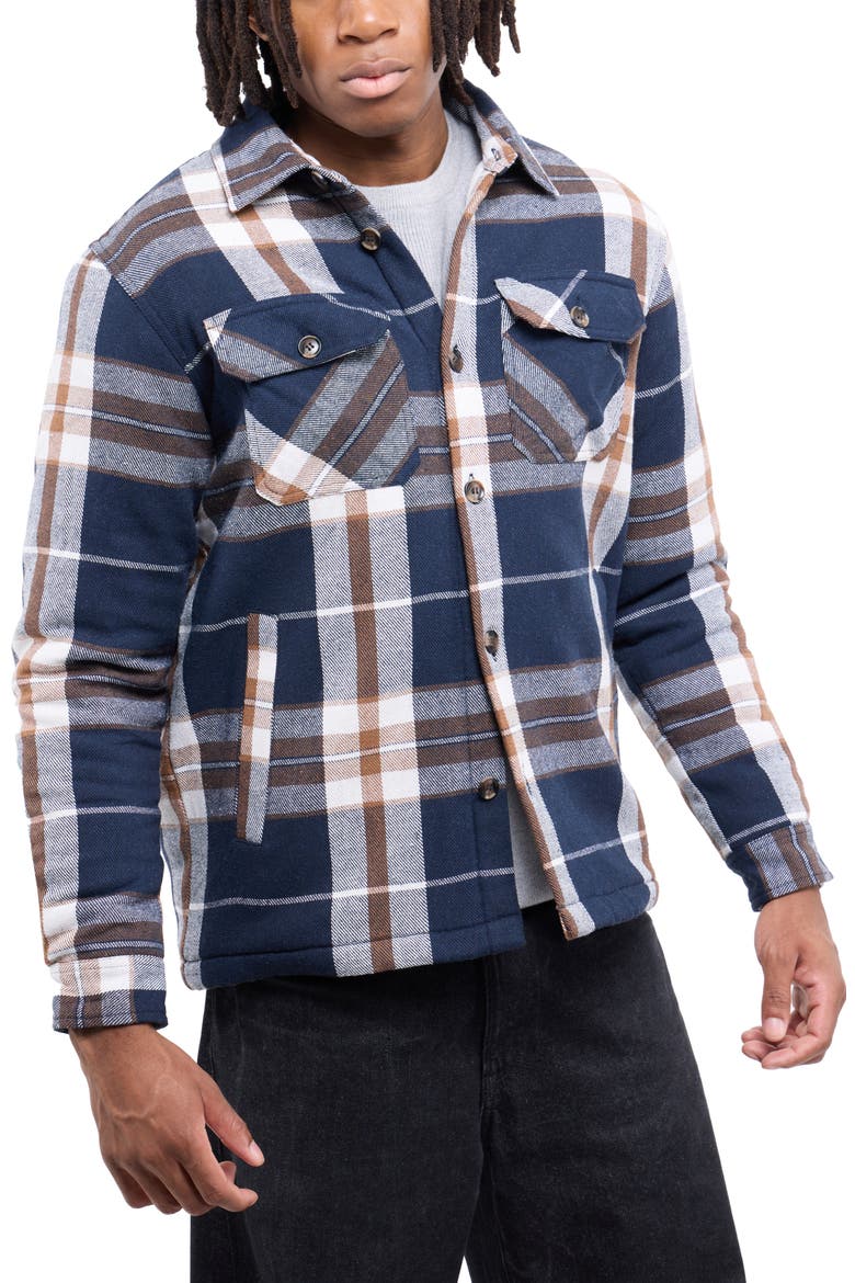 Faux Shearling Lined Flannel Shirt Jacket, Alternate, color, BROWN/ NAVY