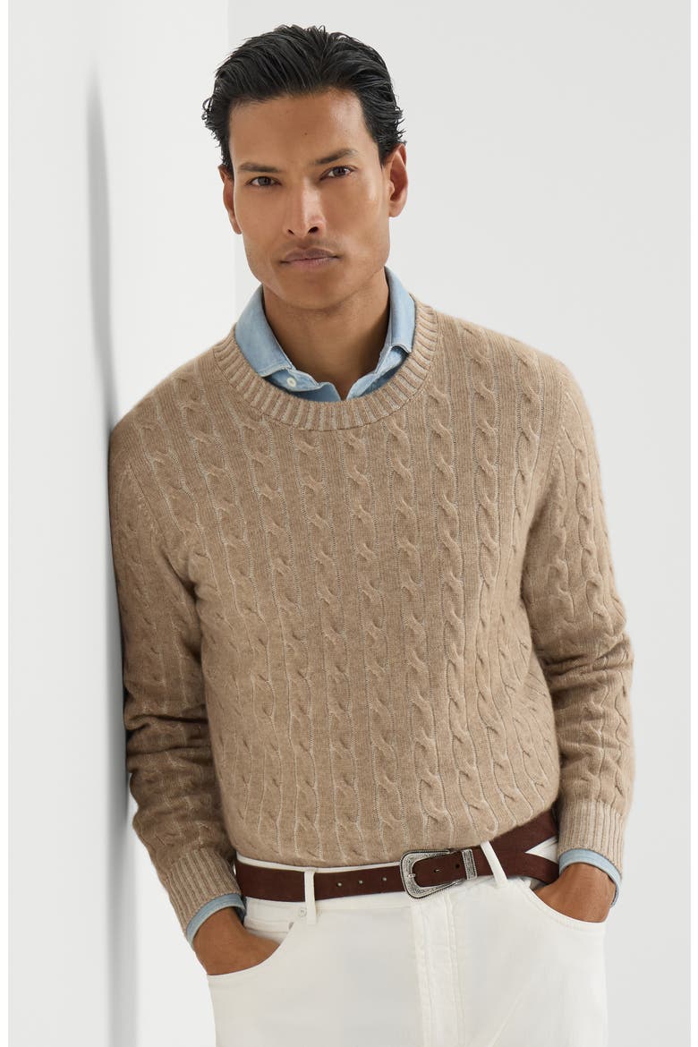 Cashmere vanisé cable knit sweater, Alternate, color, Brown