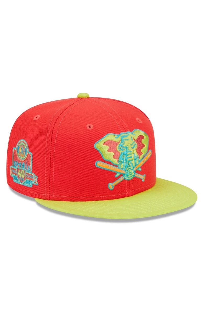 New Era Men's New Era Red/Neon Green Oakland Athletics 40th Anniversary Lava Highlighter Combo 59FIFTY Fitted Hat, Main, color, Red