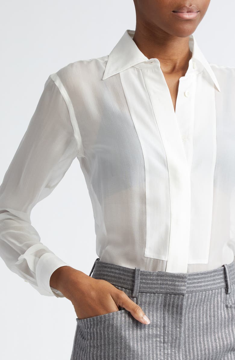 TOM FORD Plastron Silk Chiffon Button-Up Shirt, Alternate, color, Aw048 Warm Off White