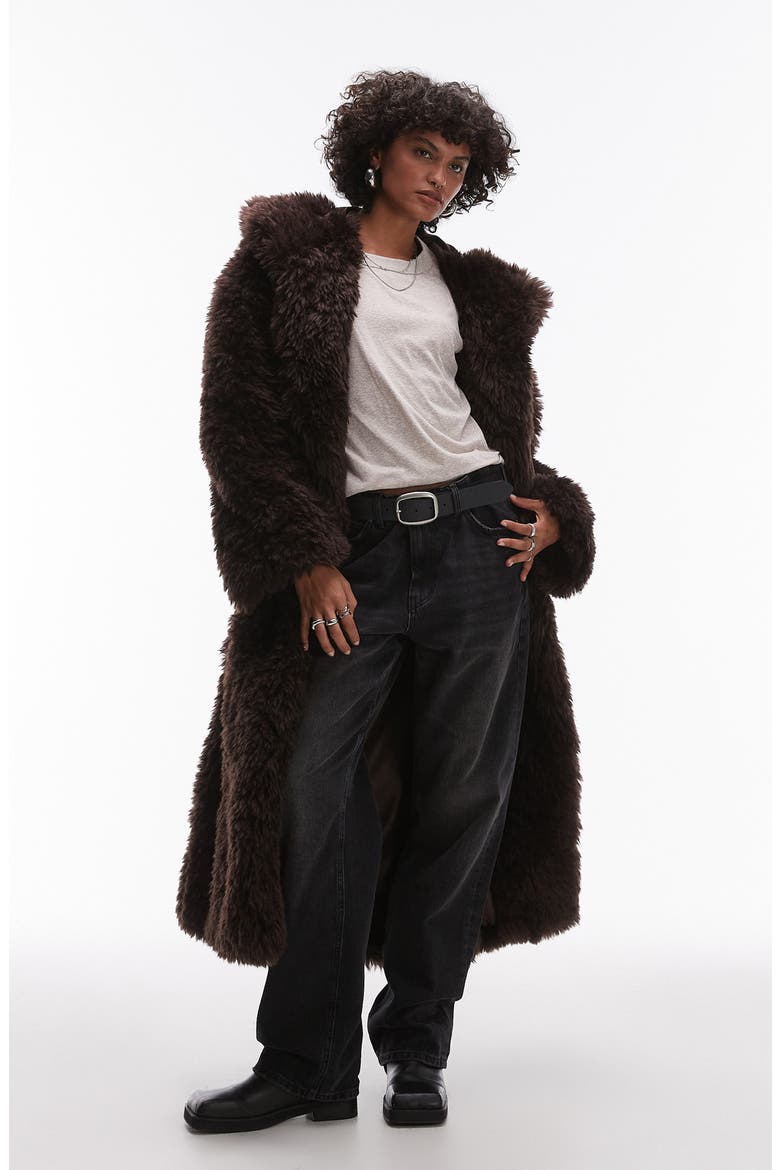 Faux Fur Hooded Long Coat, Main, color, BROWN