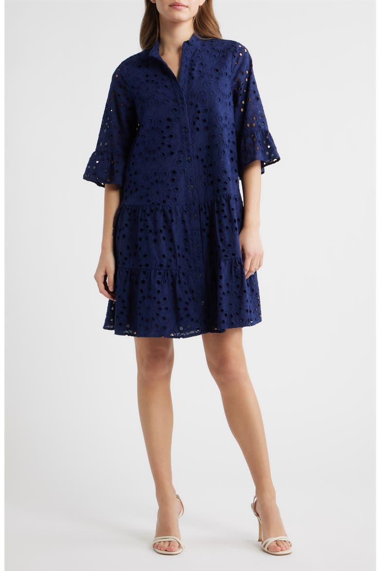 Eyelet Embroidered Tiered Cotton Dress, Main, color, DISTANT MOUNTAIN