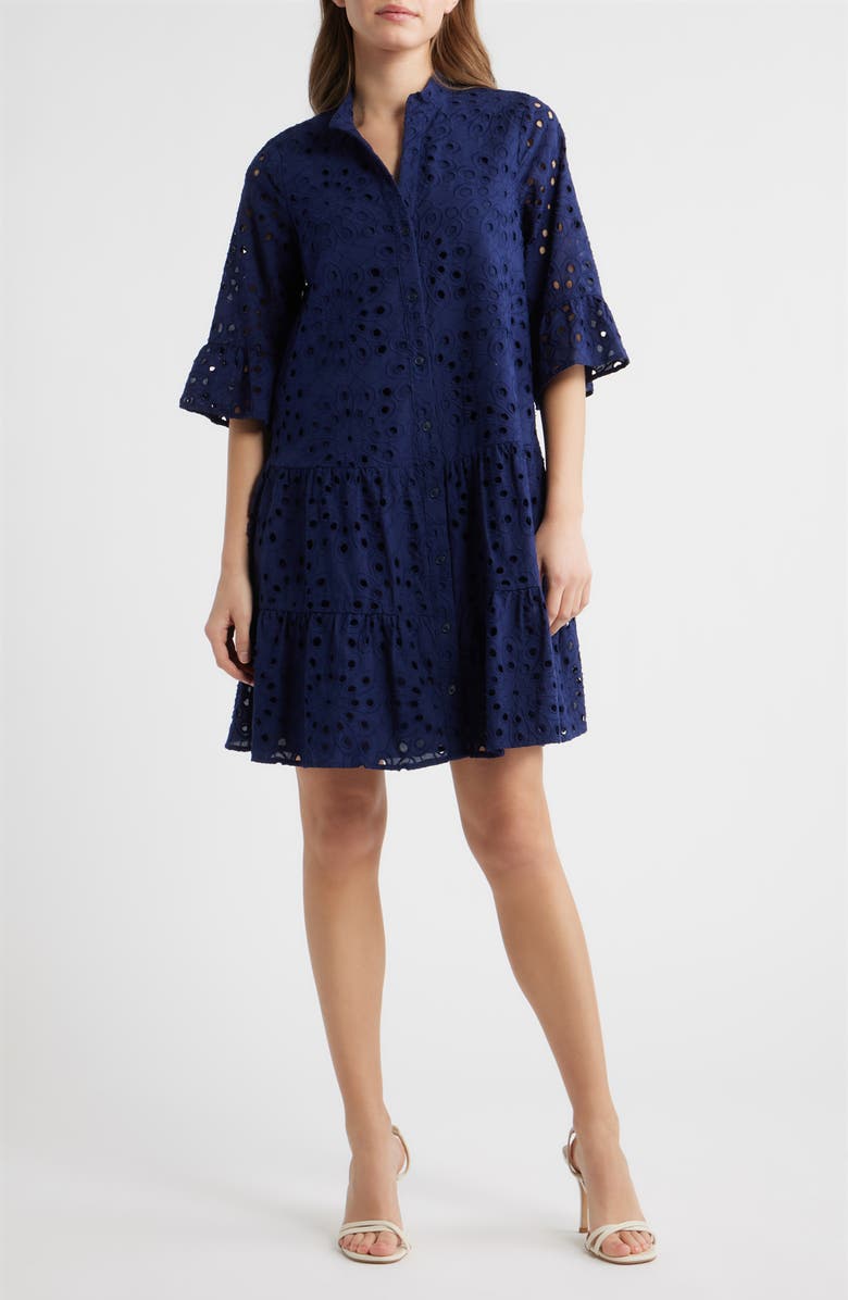 Anne Klein Eyelet Embroidered Tiered Cotton Dress, Main, color, Distant Mountain