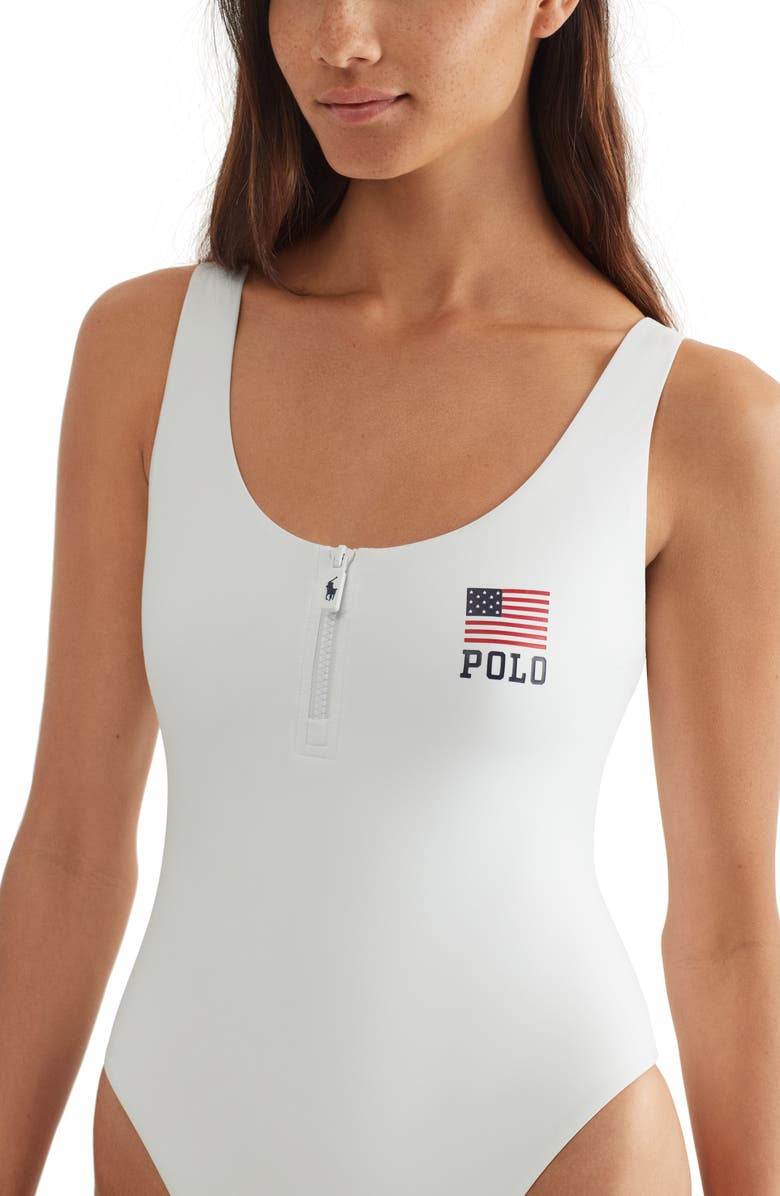Polo Ralph Lauren Zip-Up One-Piece Swimsuit, Alternate, color, White