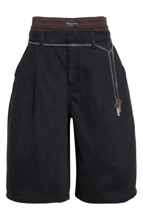 Alexander Wang Pre-styled Pleated Denim Shorts With Chain Belt In Black