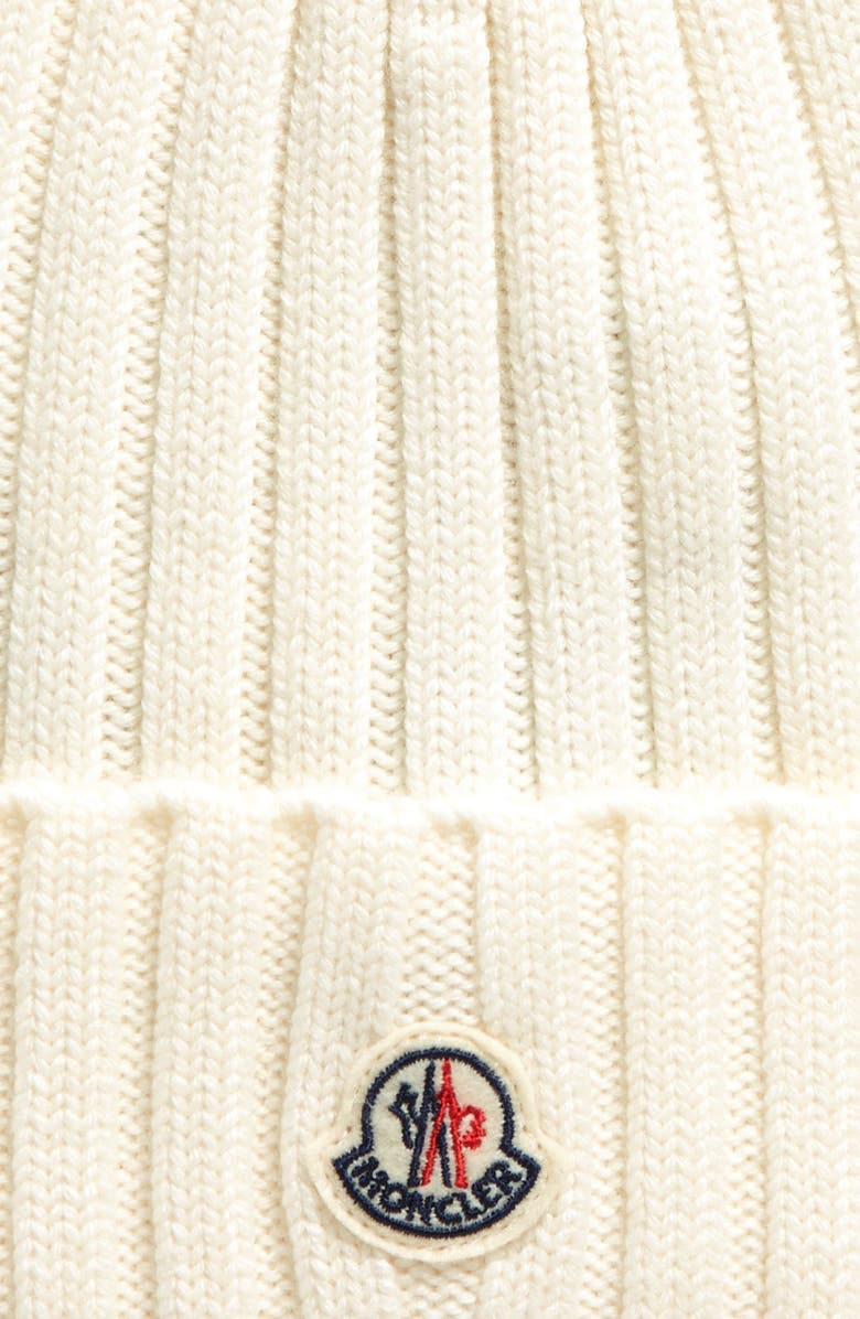 Moncler Logo Patch Cuff Virgin Wool Rib Beanie, Alternate, color, White