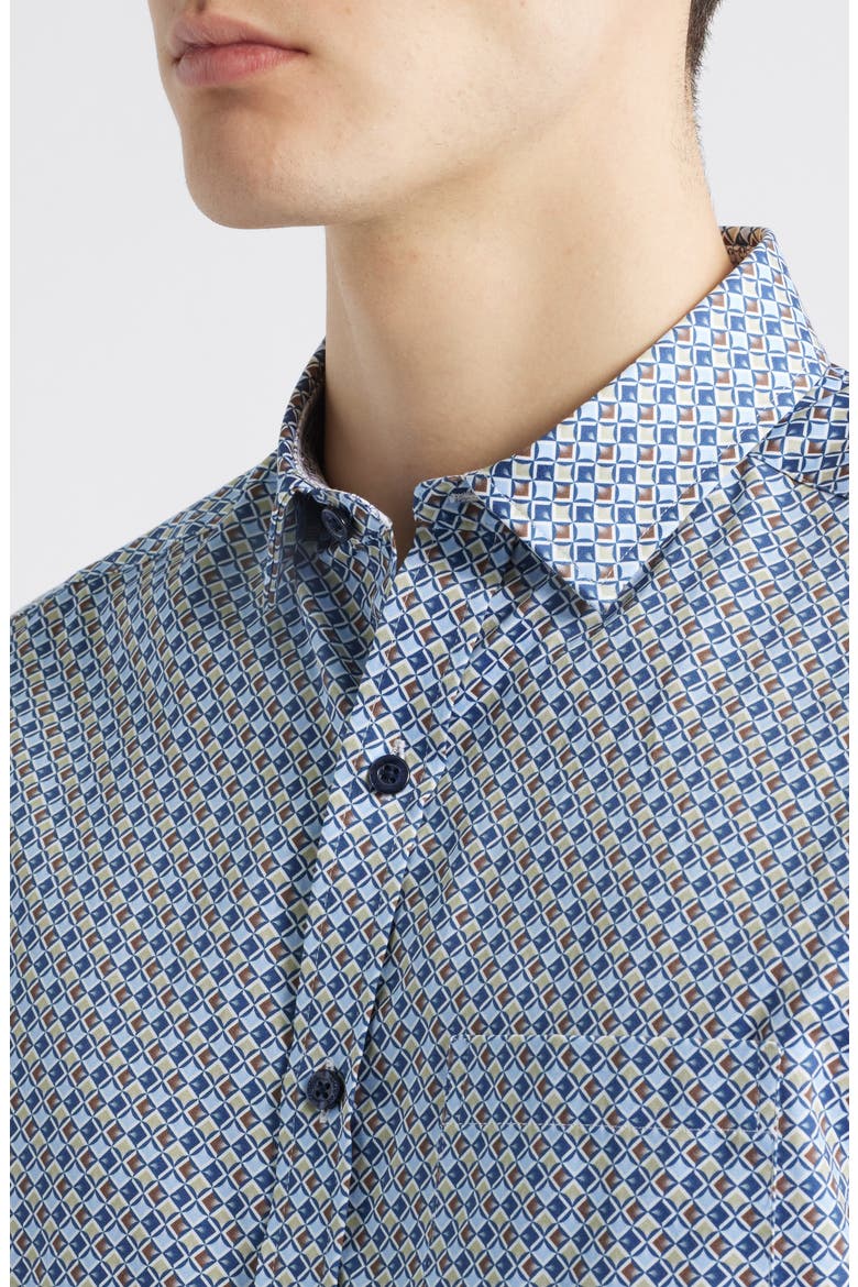 Wavy Diamond Print Cotton Button-Up Shirt, Alternate, color, BLUE/ BROWN