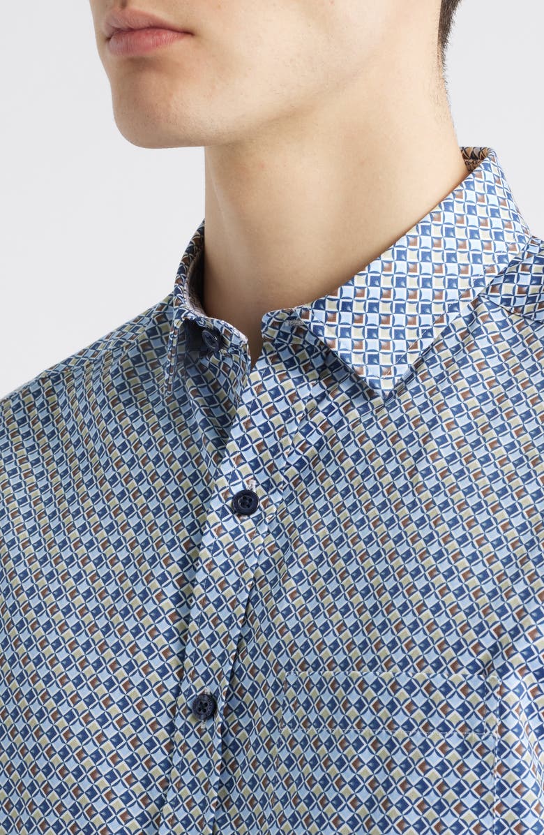 Johnston & Murphy Wavy Diamond Print Cotton Button-Up Shirt, Alternate, color, Blue/ Brown