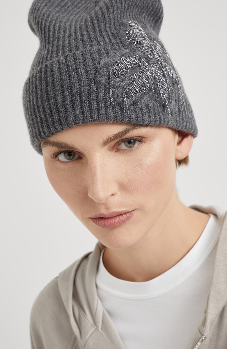 Brunello Cucinelli Cashmere rib knit beanie with precious flower crest, Alternate, color, 