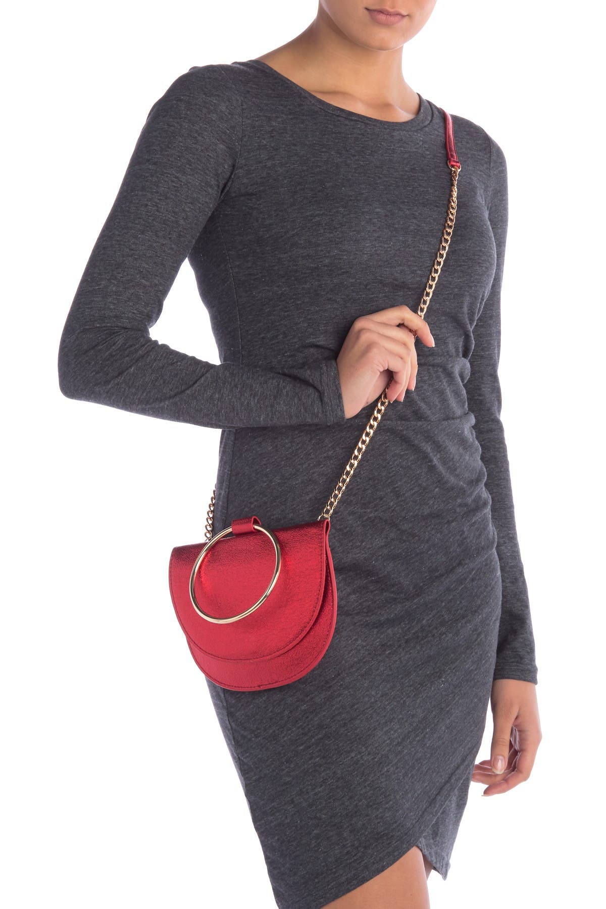 Trouve Reese Faux Leather Ring Crossbody Bag, Alternate, color, METALLIC RED
