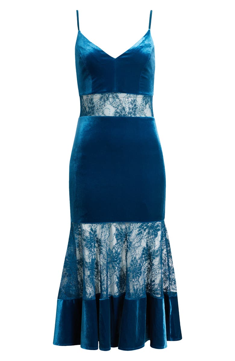 bebe Velvet & Lace Cocktail Midi Dress, Alternate, color, Teal