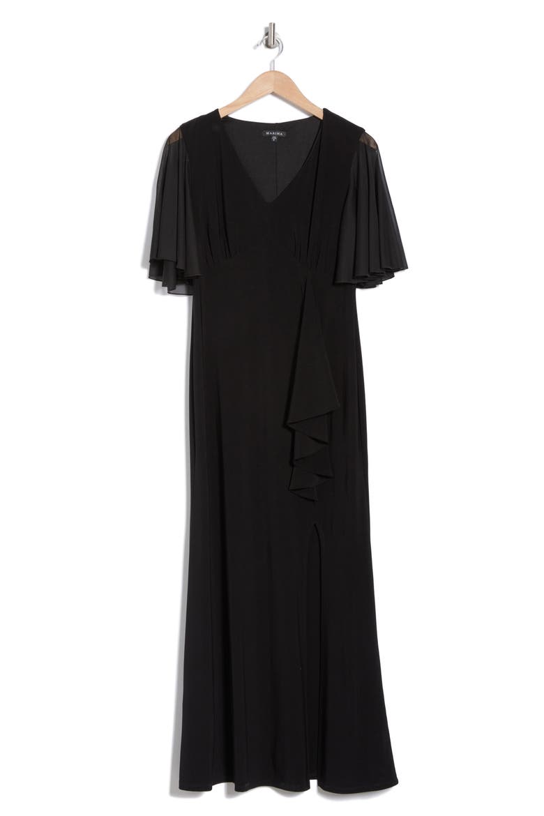 Flutter Sleeve Ruffle Maxi Dress, Alternate, color, BLACK