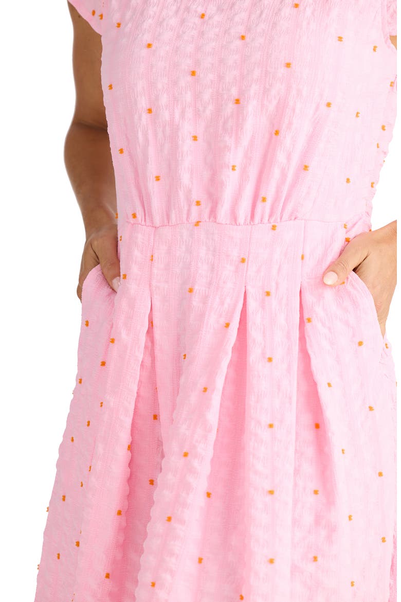Chessie Embroidered Seersucker Midi Dress, Alternate, color, NEON PINK DOBBY