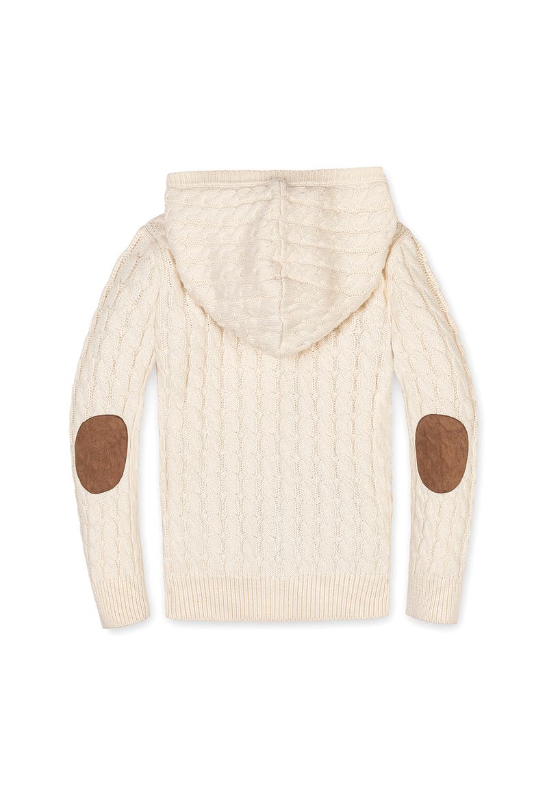 Kids' Organic Full Zip Hooded Sweater with Elbow Patches, Alternate, color, Ivory Cable