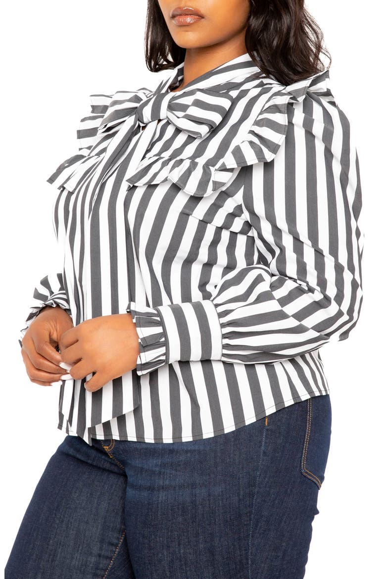 Stripe Ruffle Bow Neck Shirt, Alternate, color, BLACK