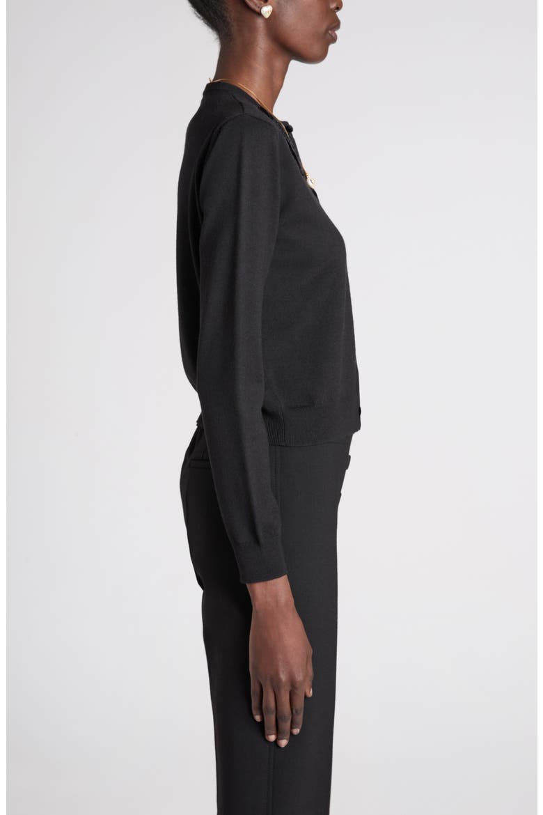 Embroidered Bow Appliqué Virgin Wool Cardigan, Alternate, color, BLACK