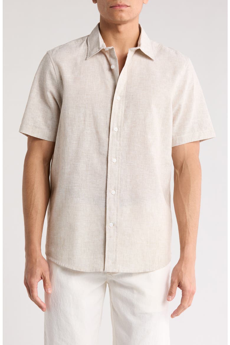 Linen & Cotton Short Sleeve Button-Up Shirt, Main, color, TAN BURROW- WHITE EOE