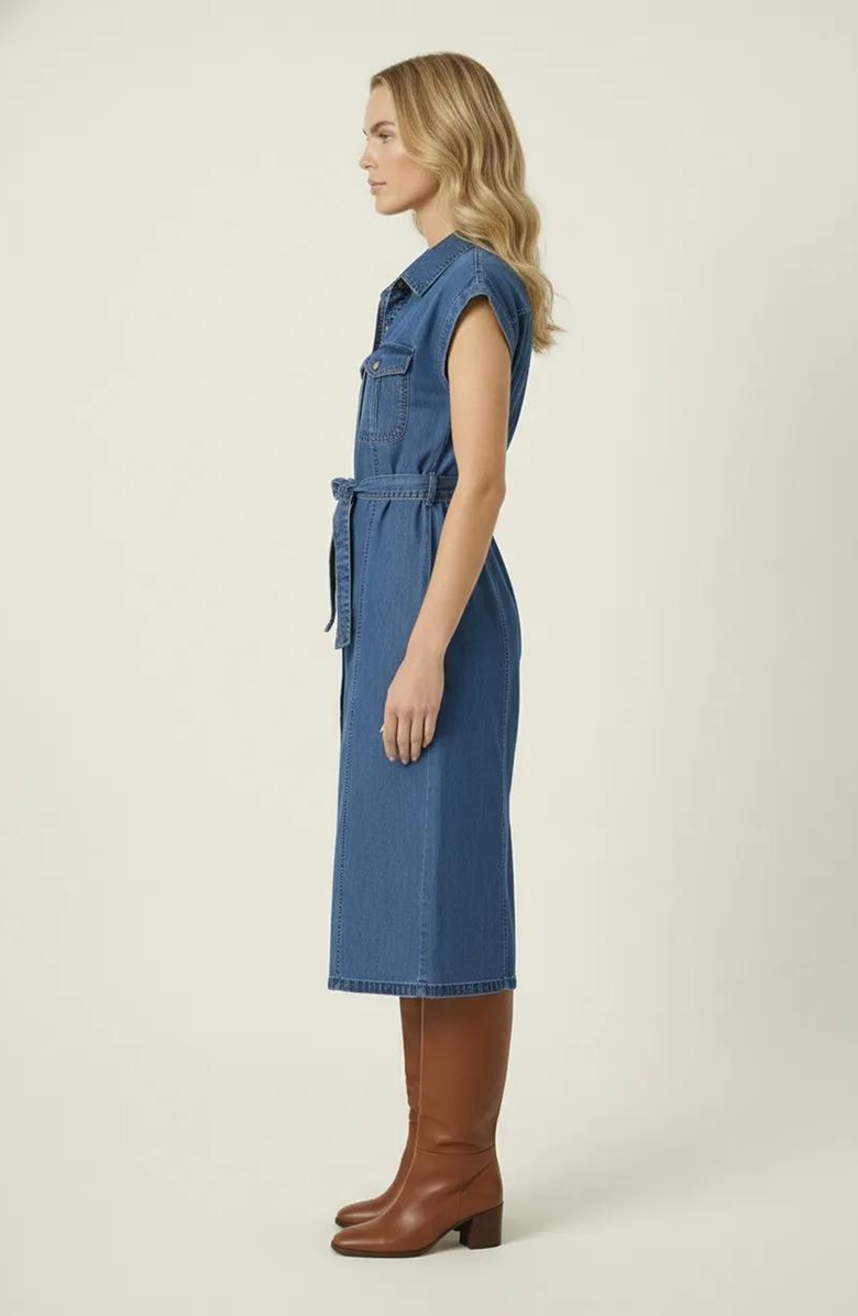 Modenaire Sleeveless Denim Tie Waist Midi Dress, Alternate, color, Medium Wash Blue