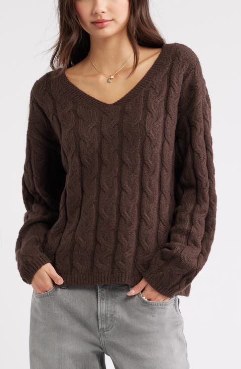 Cable Knit V-Neck Cotton Blend Sweater