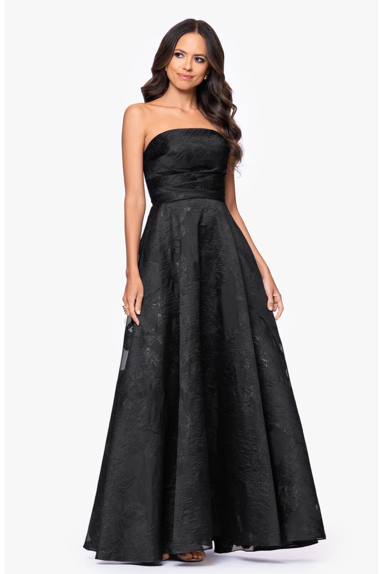 Floral Brocade Strapless Gown, Alternate, color, BLACK
