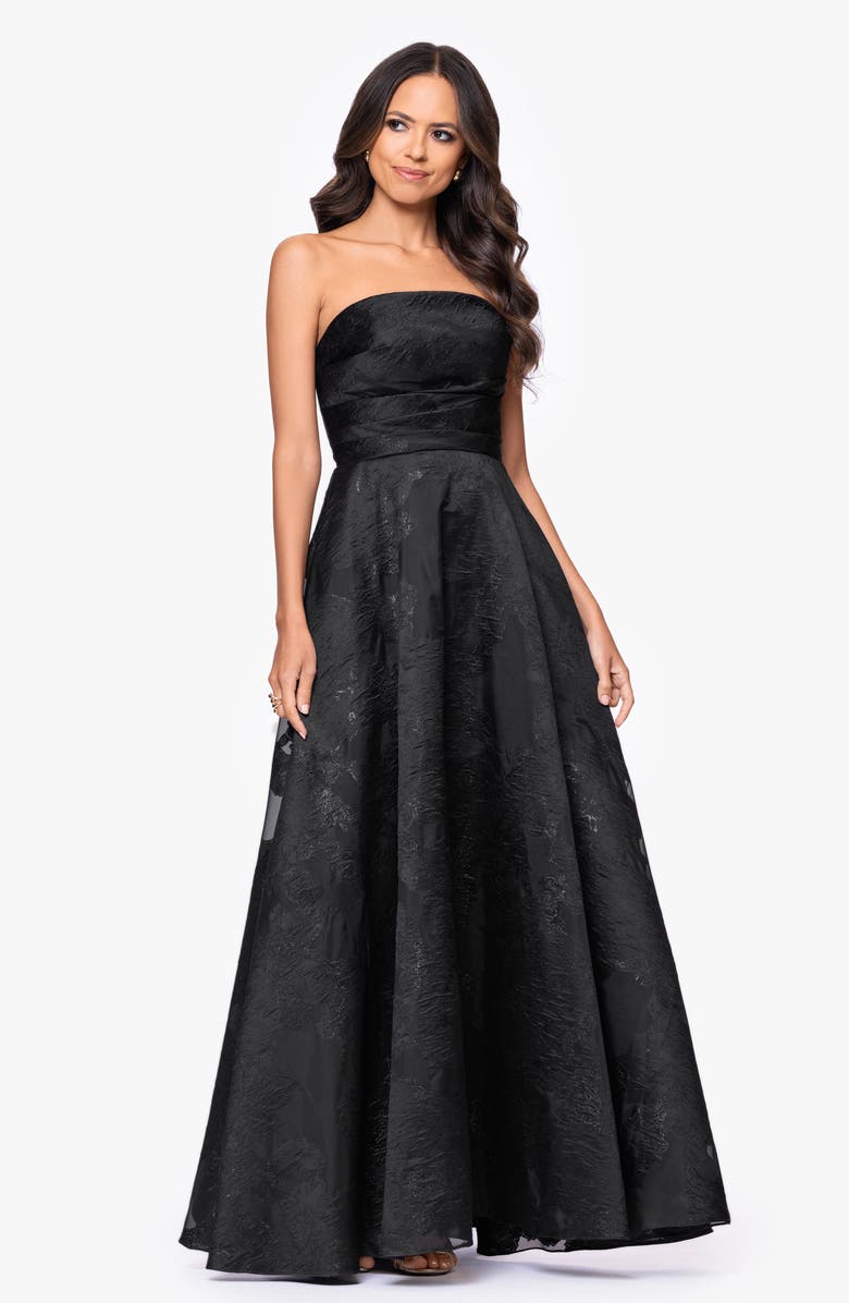 Betsy & Adam Floral Brocade Strapless Gown, Alternate, color, Black