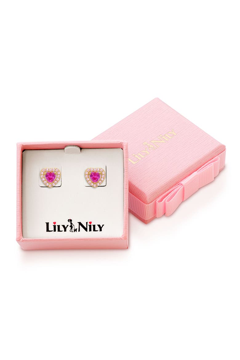 Kids' Cubic Zirconia Heart Halo Stud Earrings, Alternate, color, DARK PINK